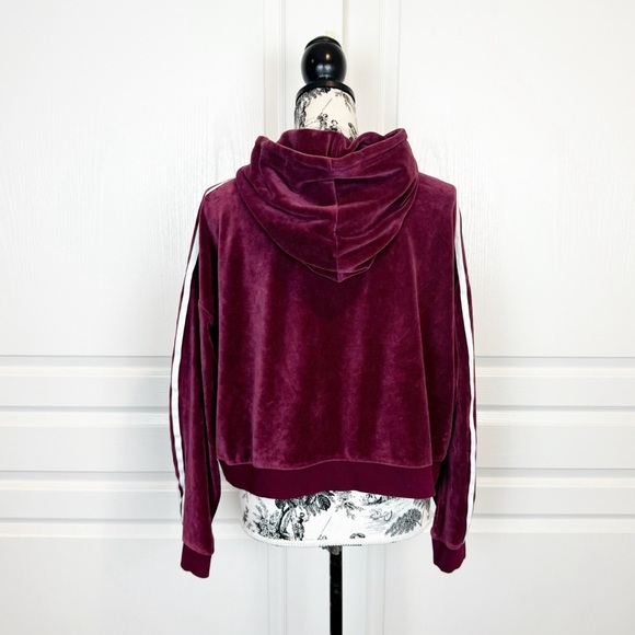 Adidas Originals Velour Cropped Hoodie Sweatshirt Burgundy Stripe Size Large - Picture 5 of 7